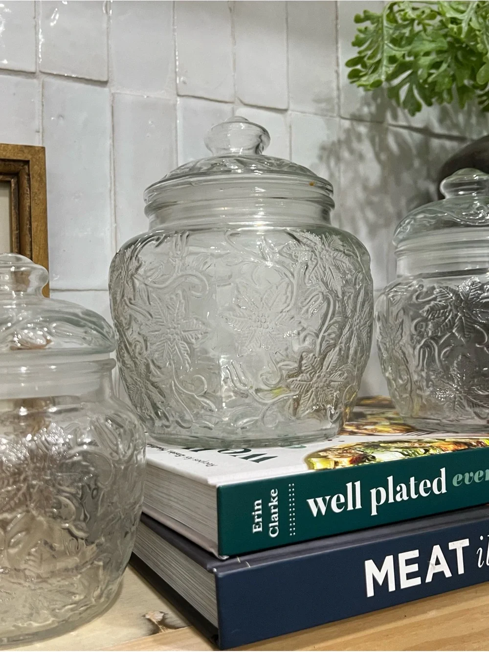 Vintage Princess House Clear Embossed Glass Canisters with Lid